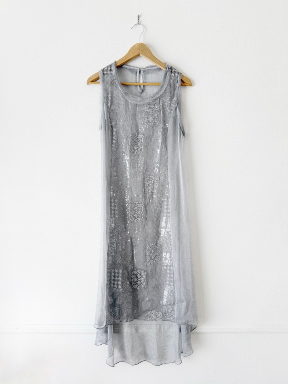 sheer silver sequined embroidered high low slip midi dress